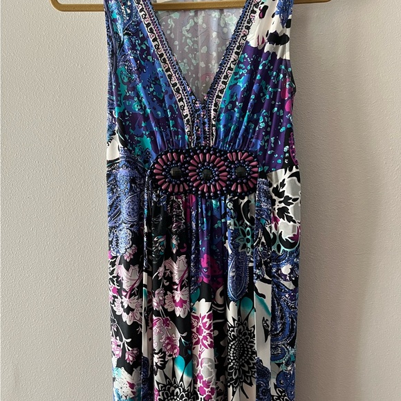 Beautiful Blue-Multi-Colored Shin-Length Midi Dress w/ Beads - Picture 1 of 7